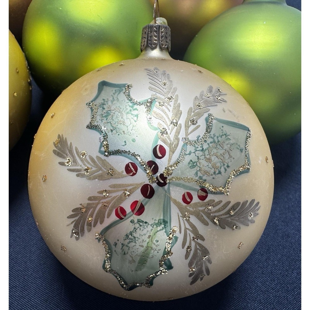 West Germany~ Round Peach Green Gold Glass Ornaments Glitter Set of 8 - Picture 2 of 11
